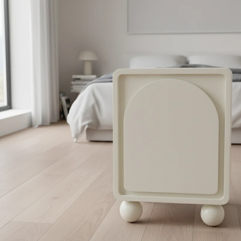 Contemporary Scandinavian Square Cream 1-Cabinet Accent Nightstand - Sculpted Arch Door & Ball Legs Bedside Table For Bedroom