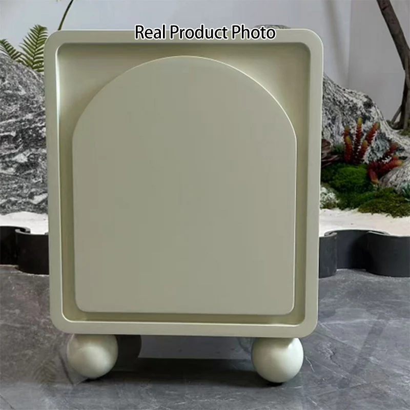 Contemporary Scandinavian Square Cream 1-Cabinet Accent Nightstand - Sculpted Arch Door & Ball Legs Bedside Table For Bedroom