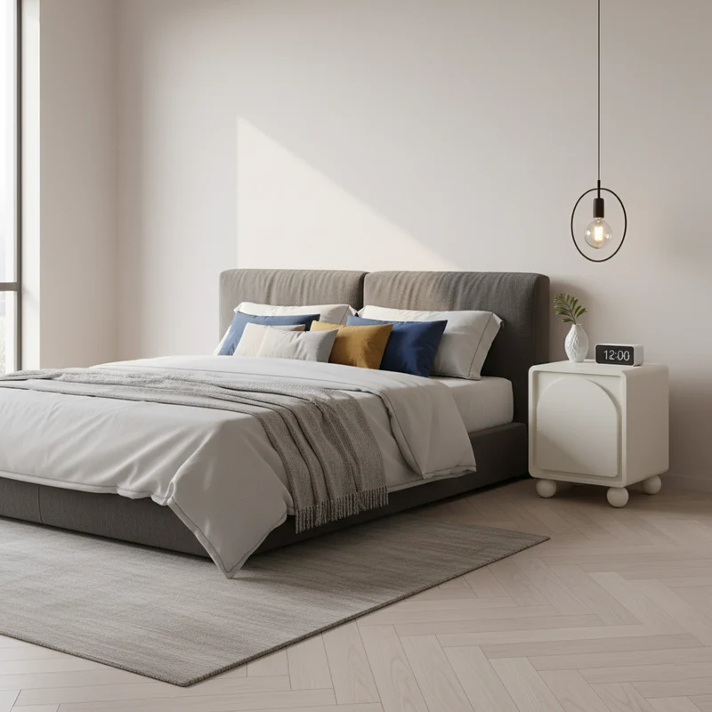 Contemporary Scandinavian Square Cream 1-Cabinet Accent Nightstand - Sculpted Arch Door & Ball Legs Bedside Table For Bedroom