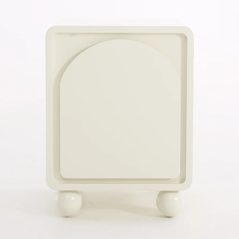 Contemporary Scandinavian Square Cream 1-Cabinet Accent Nightstand - Sculpted Arch Door & Ball Legs Bedside Table For Bedroom