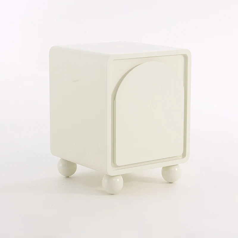 Contemporary Scandinavian Square Cream 1-Cabinet Accent Nightstand - Sculpted Arch Door & Ball Legs Bedside Table For Bedroom