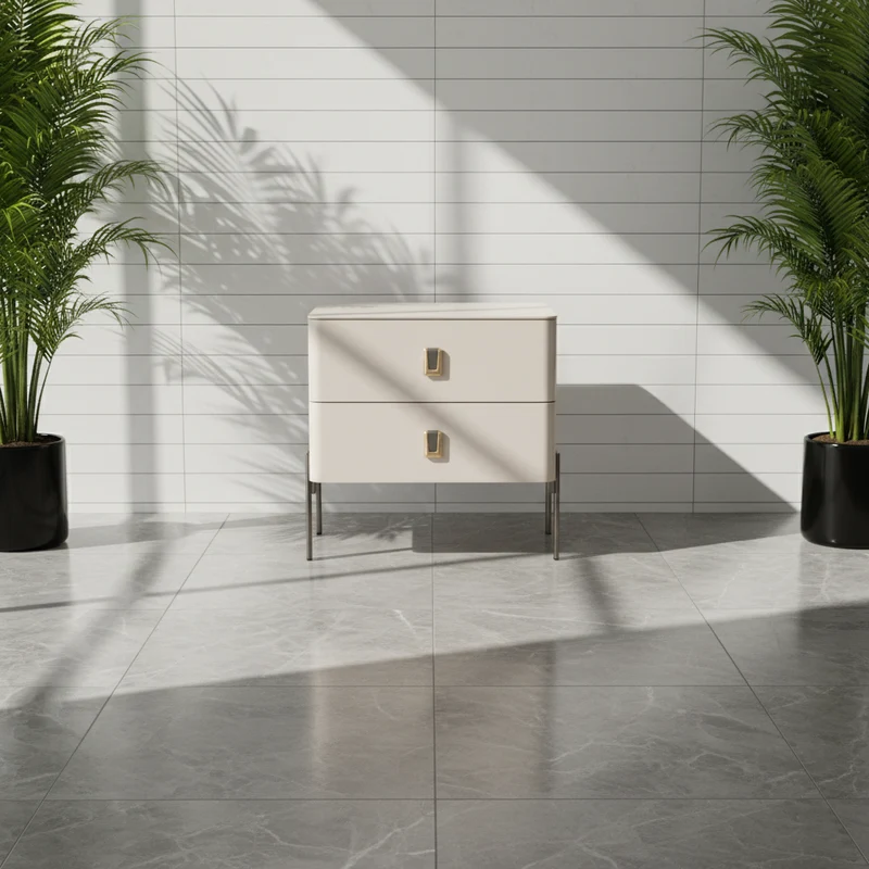 Contemporary Scandinavian Square Cream White 2-Drawer Storage Nightstand - Stone Slab Top Bedside Table For Bedroom