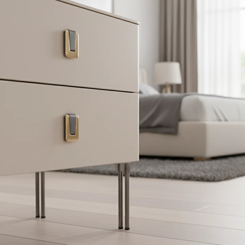 Contemporary Scandinavian Square Cream White 2-Drawer Storage Nightstand - Stone Slab Top Bedside Table For Bedroom
