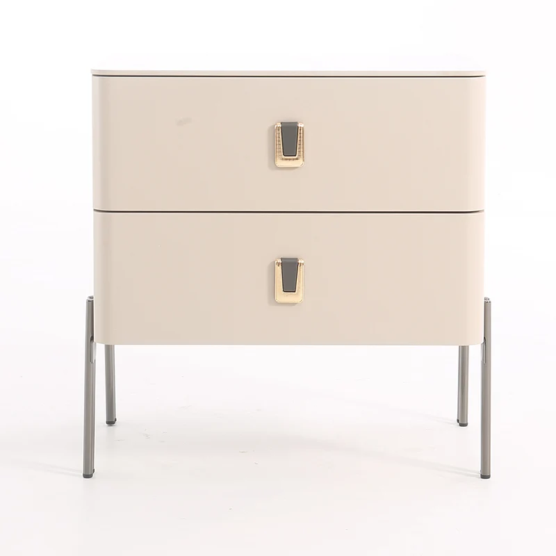 Contemporary Scandinavian Square Cream White 2-Drawer Storage Nightstand - Stone Slab Top Bedside Table For Bedroom