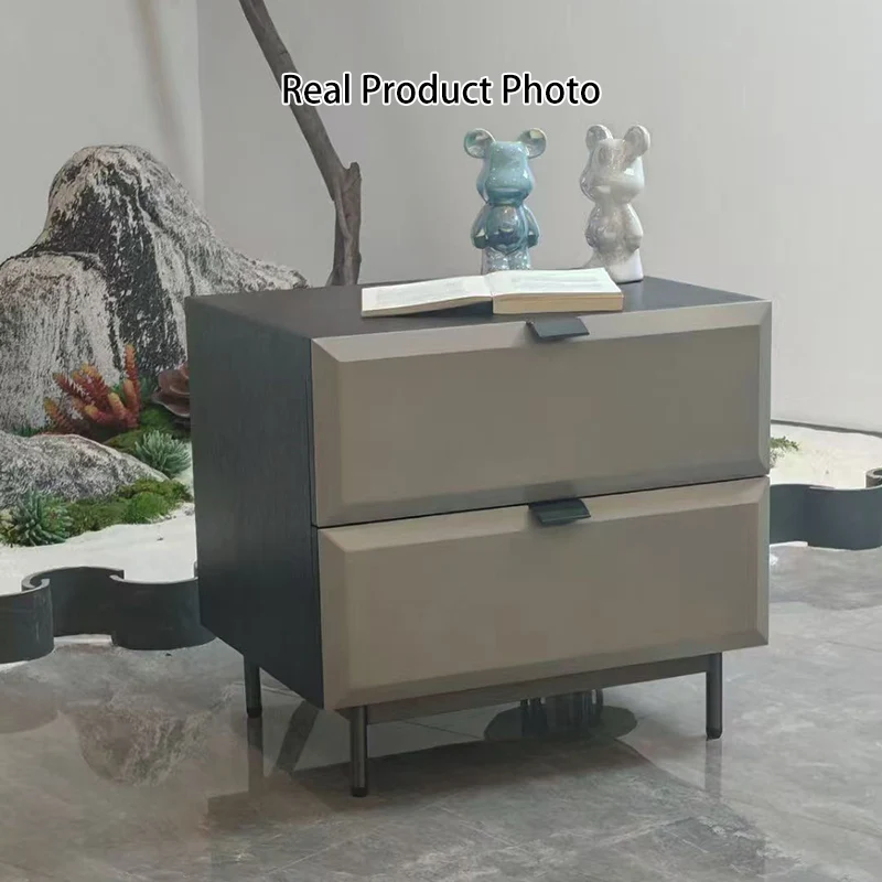 Modern Minimalist Square Gray 2-Drawer Storage Nightstand - Veneered Plywood Frame Bedside Table For Bedroom