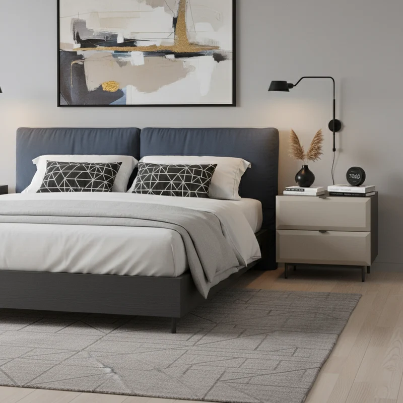Modern Minimalist Square Gray 2-Drawer Storage Nightstand - Veneered Plywood Frame Bedside Table For Bedroom