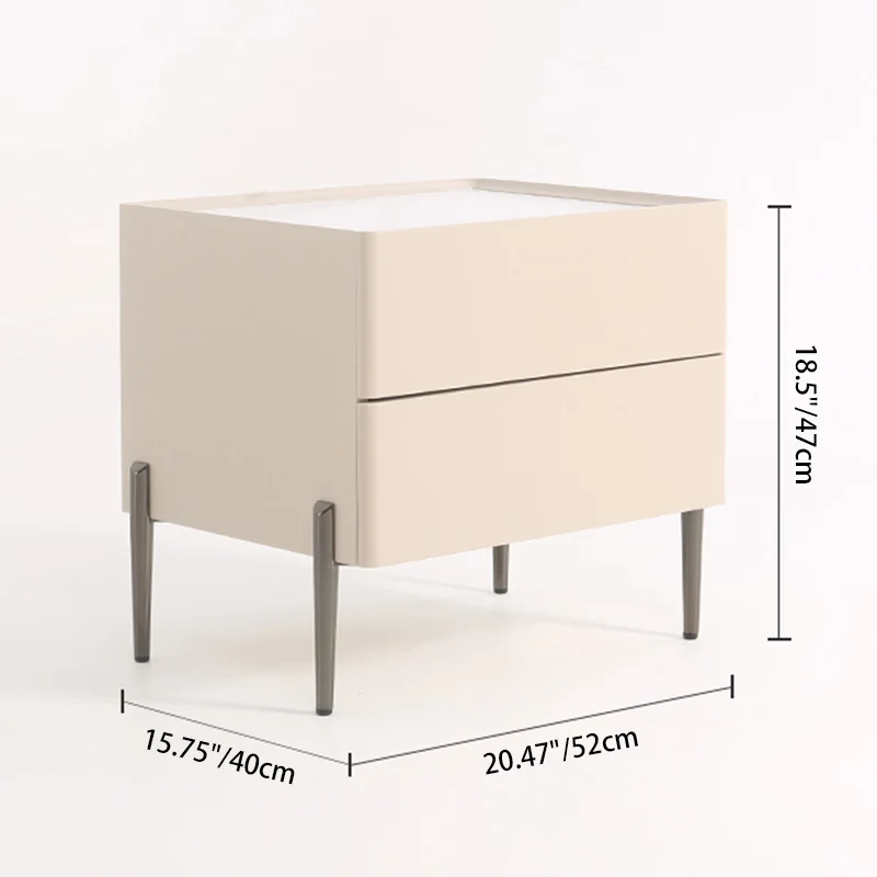 Contemporary Scandinavian Square Cream White 2-Drawer Storage Nightstand - Stone Slab Top Bedside Table For Bedroom