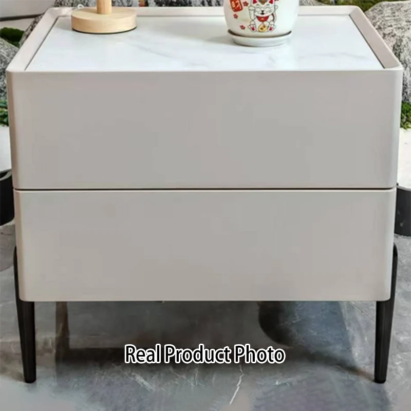 Contemporary Scandinavian Square Cream White 2-Drawer Storage Nightstand - Stone Slab Top Bedside Table For Bedroom