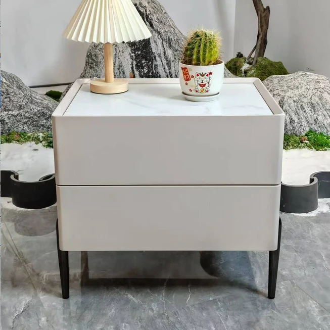 Contemporary Scandinavian Square Cream White 2-Drawer Storage Nightstand - Stone Slab Top Bedside Table For Bedroom