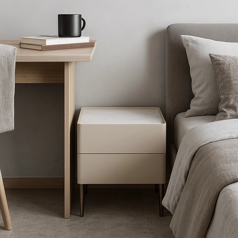 Contemporary Scandinavian Square Cream White 2-Drawer Storage Nightstand - Stone Slab Top Bedside Table For Bedroom