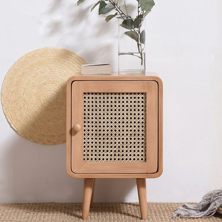 Contemporary Scandinavian Rounded-Edge Rectangular Particleboard MDF Pinewood Rattan Weaving End Table 1-Cabinet For Bedroom & Living Room