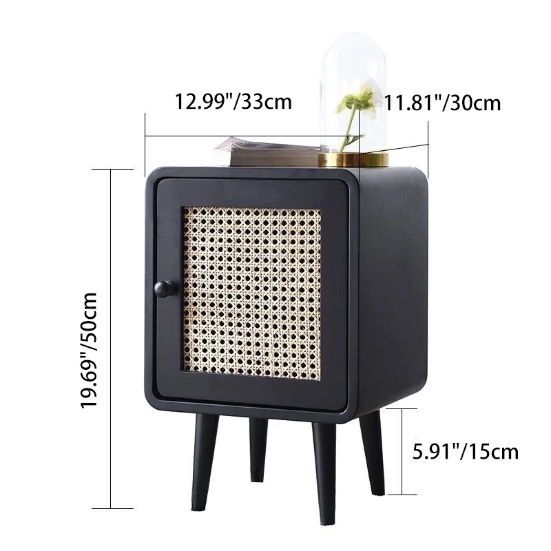 Contemporary Scandinavian Rounded-Edge Rectangular Particleboard MDF Pinewood Rattan Weaving End Table 1-Cabinet For Bedroom & Living Room