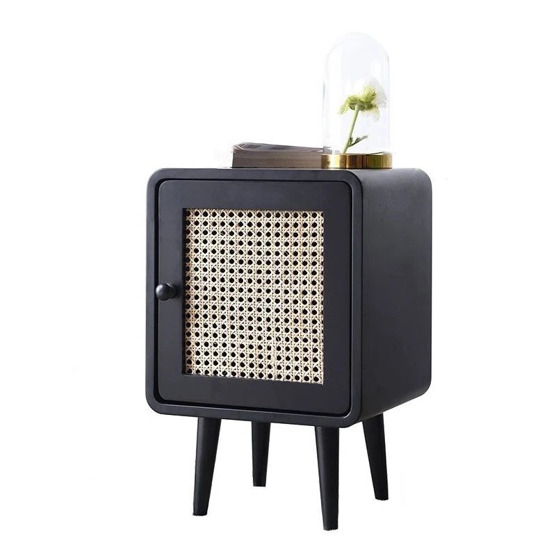 Contemporary Scandinavian Rounded-Edge Rectangular Particleboard MDF Pinewood Rattan Weaving End Table 1-Cabinet For Bedroom & Living Room