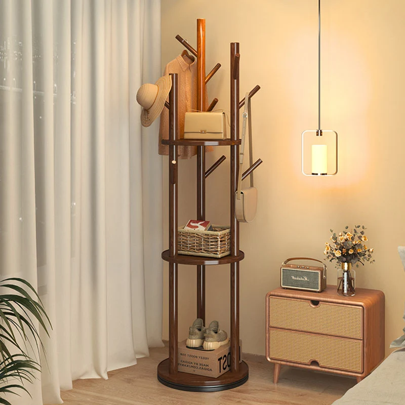 Modern Minimalist Rotatable Disk Branch Pine Wood MDF Clothes Tree Storage Shelf 3-Tier For Hallway & Entryway