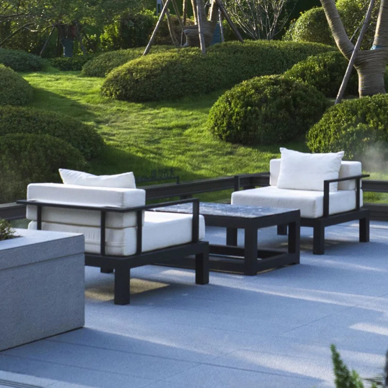 Modern Minimalist Rectangular Aluminum Alloy Fabric Sponge Accent Chair Backrest Armrest For Outdoor Patio