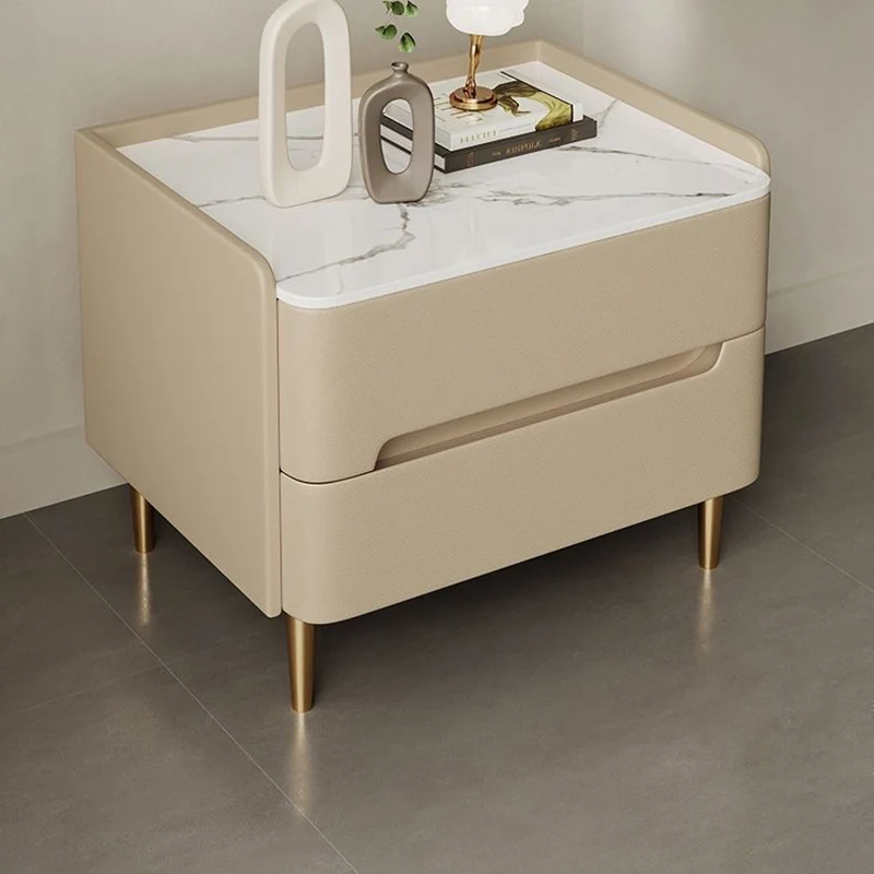 Contemporary Scandinavian Sintered Stone Microfiber Leather Metal Cylindrical Square Nightstand With 2 Drawers For Bedroom