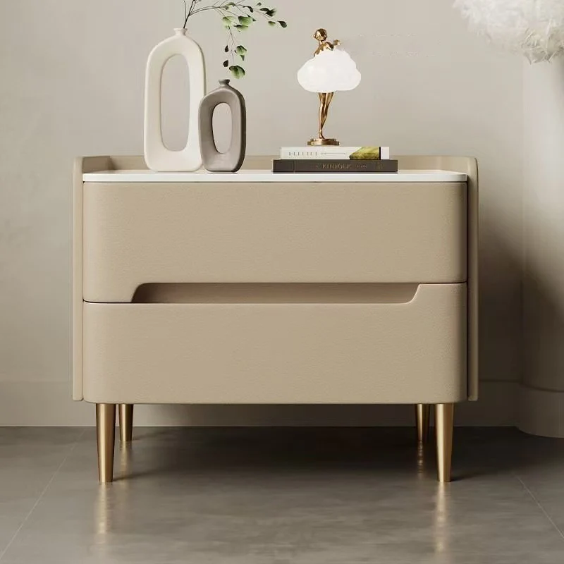 Contemporary Scandinavian Sintered Stone Microfiber Leather Metal Cylindrical Square Nightstand With 2 Drawers For Bedroom