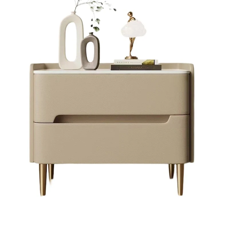 Contemporary Scandinavian Sintered Stone Microfiber Leather Metal Cylindrical Square Nightstand With 2 Drawers For Bedroom