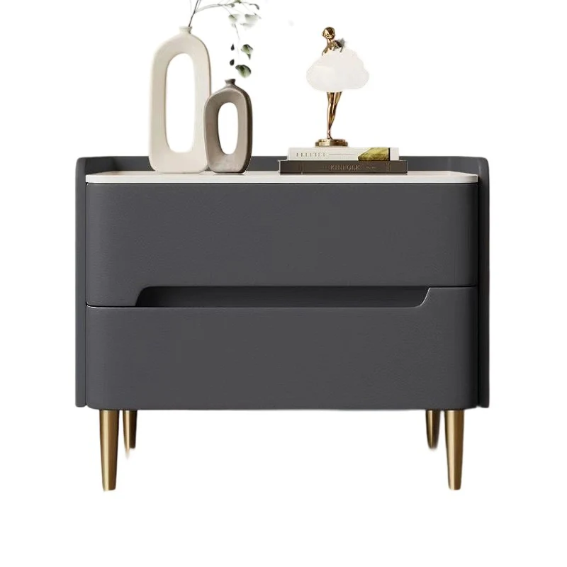 Contemporary Scandinavian Sintered Stone Microfiber Leather Metal Cylindrical Square Nightstand With 2 Drawers For Bedroom