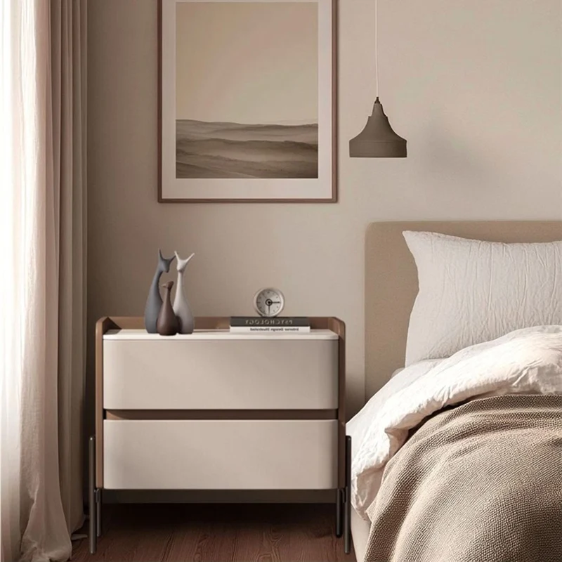 Modern Luxury Sintered Stone Microfiber Leather Plywood Rounded Square Nightstand With 2 Drawers For Bedroom