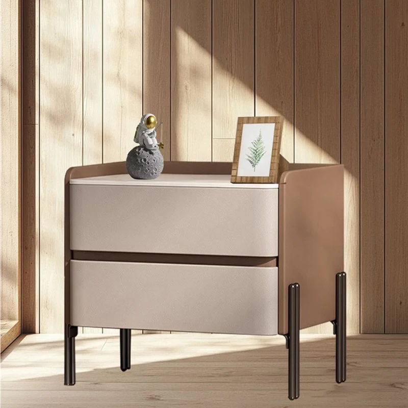 Modern Luxury Sintered Stone Microfiber Leather Plywood Rounded Square Nightstand With 2 Drawers For Bedroom