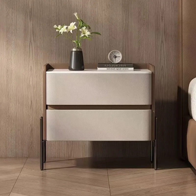 Modern Luxury Sintered Stone Microfiber Leather Plywood Rounded Square Nightstand With 2 Drawers For Bedroom