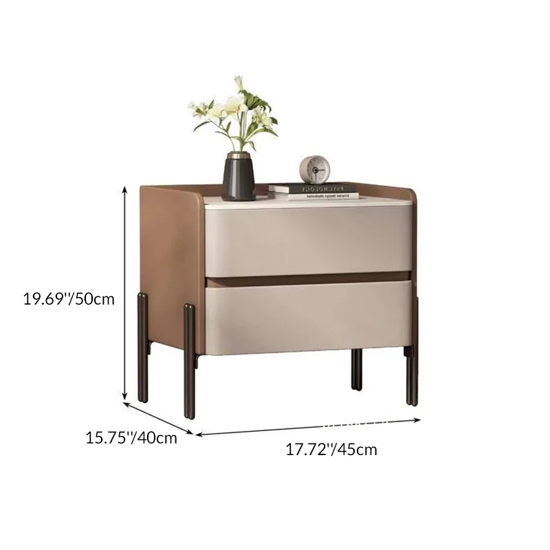 Modern Luxury Sintered Stone Microfiber Leather Plywood Rounded Square Nightstand With 2 Drawers For Bedroom