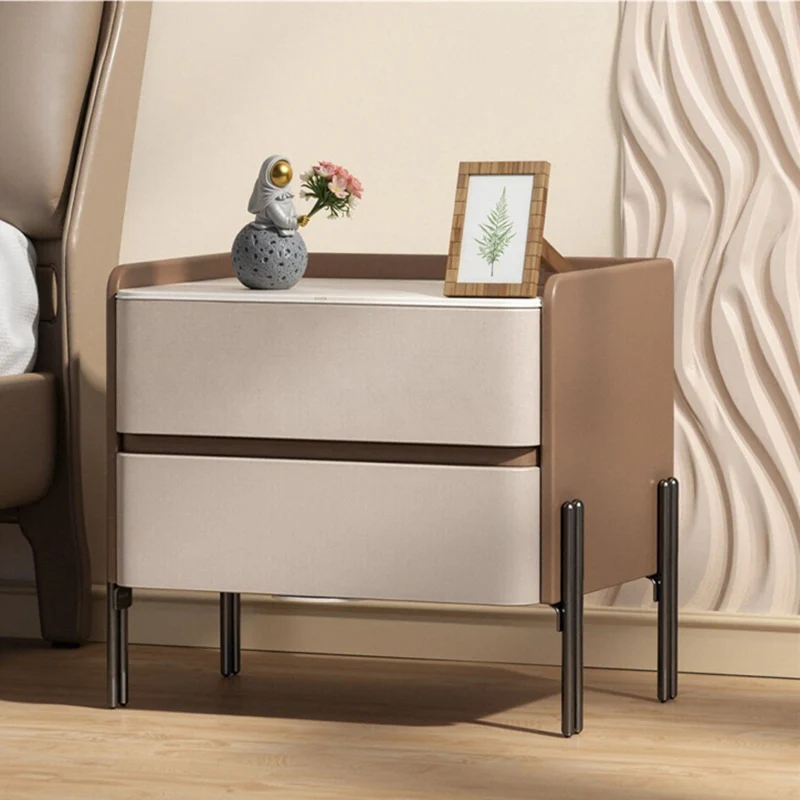 Modern Luxury Sintered Stone Microfiber Leather Plywood Rounded Square Nightstand With 2 Drawers For Bedroom