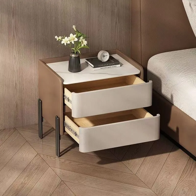 Modern Luxury Sintered Stone Microfiber Leather Plywood Rounded Square Nightstand With 2 Drawers For Bedroom