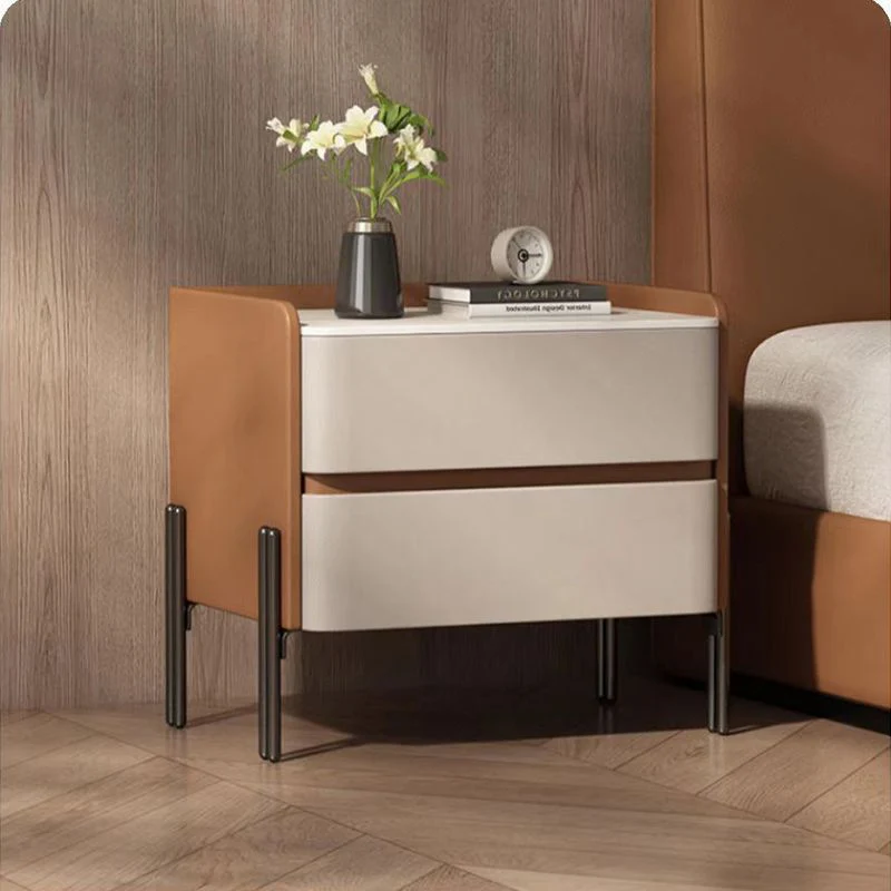 Modern Luxury Sintered Stone Microfiber Leather Plywood Rounded Square Nightstand With 2 Drawers For Bedroom