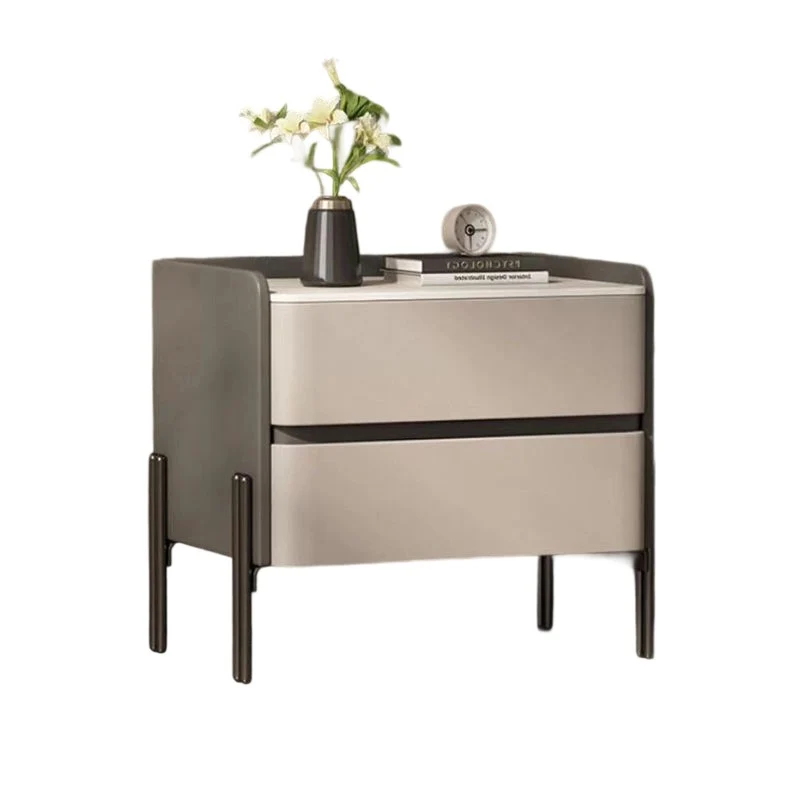 Modern Luxury Sintered Stone Microfiber Leather Plywood Rounded Square Nightstand With 2 Drawers For Bedroom