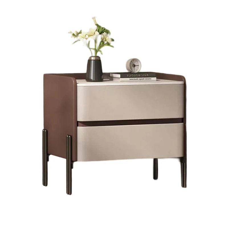 Modern Luxury Sintered Stone Microfiber Leather Plywood Rounded Square Nightstand With 2 Drawers For Bedroom