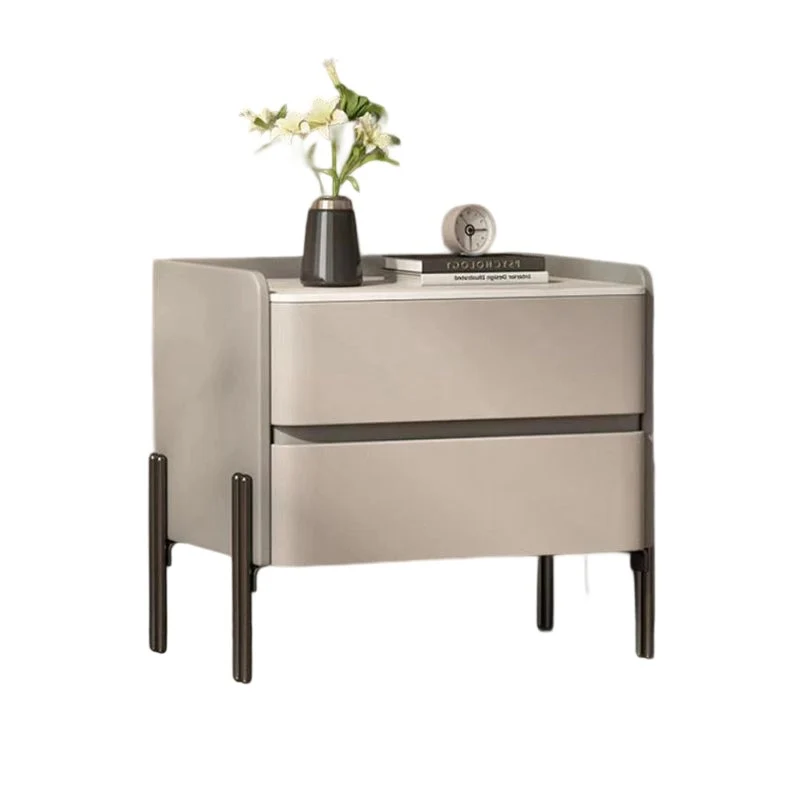 Modern Luxury Sintered Stone Microfiber Leather Plywood Rounded Square Nightstand With 2 Drawers For Bedroom