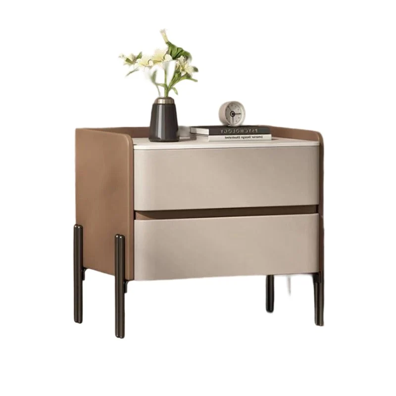 Modern Luxury Sintered Stone Microfiber Leather Plywood Rounded Square Nightstand With 2 Drawers For Bedroom