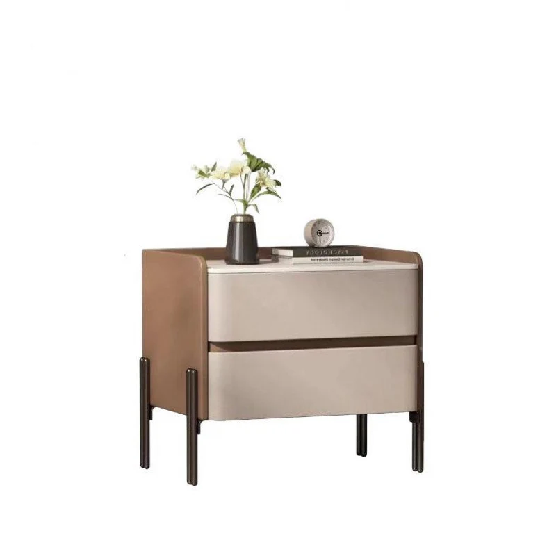 Modern Luxury Sintered Stone Microfiber Leather Plywood Rounded Square Nightstand With 2 Drawers For Bedroom