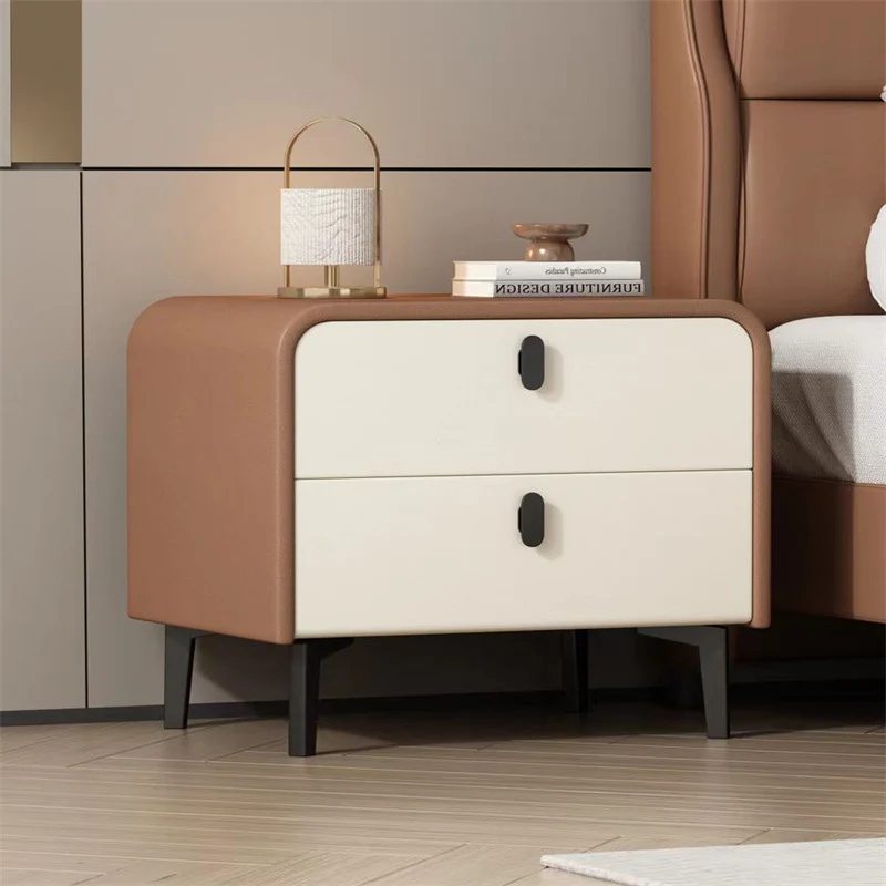 Contemporary Scandinavian Microfiber Leather Eco-Friendly Engineered Carbon Steel Rounded Square Nightstand With 2 Drawers For Bedroom