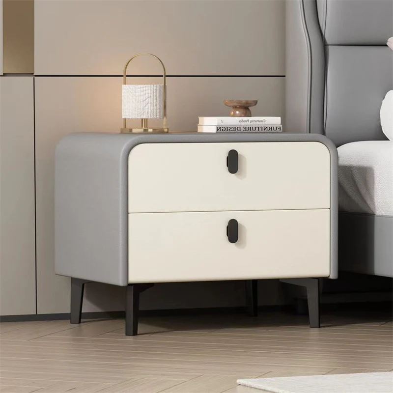 Contemporary Scandinavian Microfiber Leather Eco-Friendly Engineered Carbon Steel Rounded Square Nightstand With 2 Drawers For Bedroom