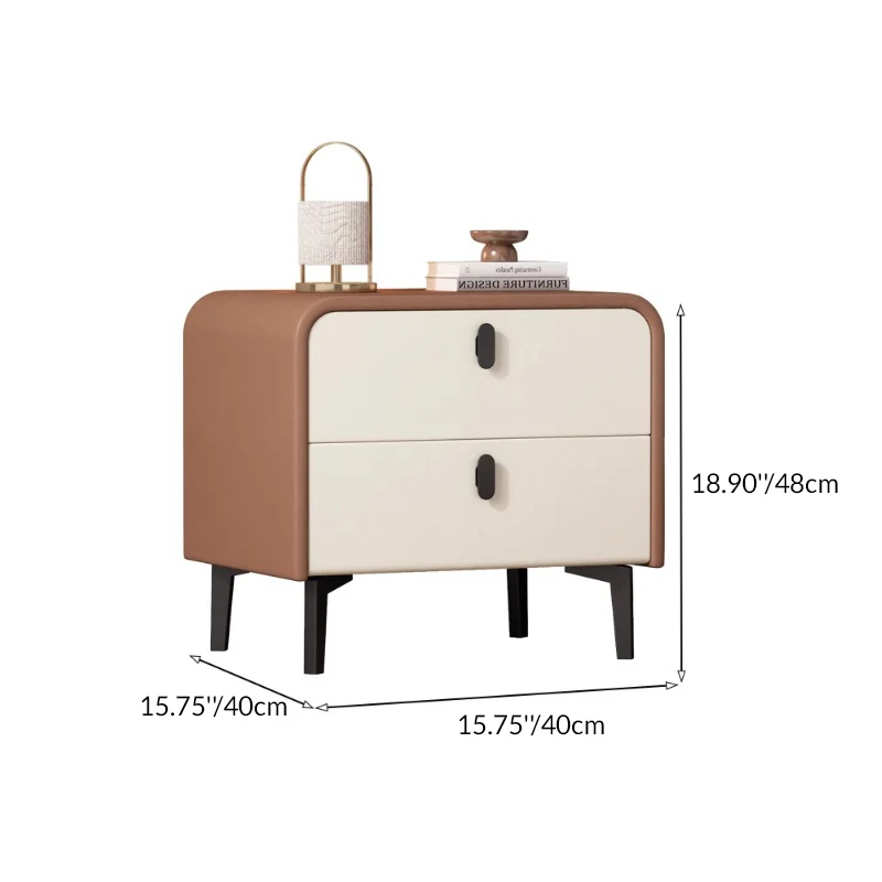 Contemporary Scandinavian Microfiber Leather Eco-Friendly Engineered Carbon Steel Rounded Square Nightstand With 2 Drawers For Bedroom