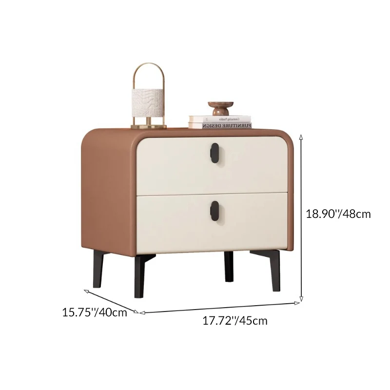 Contemporary Scandinavian Microfiber Leather Eco-Friendly Engineered Carbon Steel Rounded Square Nightstand With 2 Drawers For Bedroom