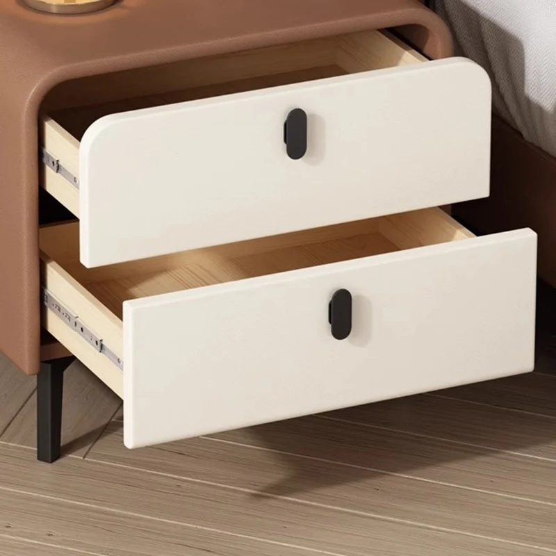 Contemporary Scandinavian Microfiber Leather Eco-Friendly Engineered Carbon Steel Rounded Square Nightstand With 2 Drawers For Bedroom