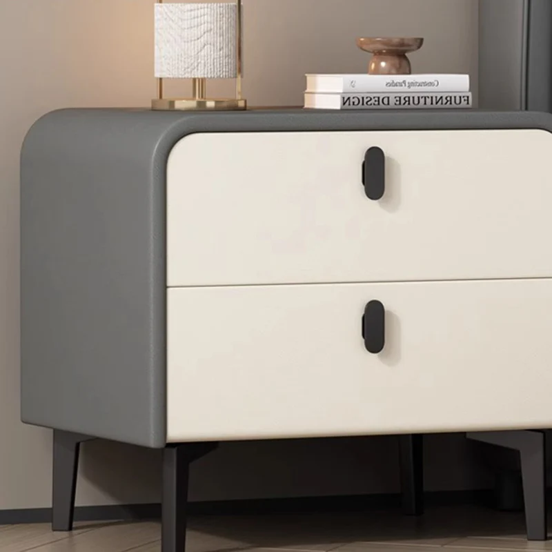 Contemporary Scandinavian Microfiber Leather Eco-Friendly Engineered Carbon Steel Rounded Square Nightstand With 2 Drawers For Bedroom