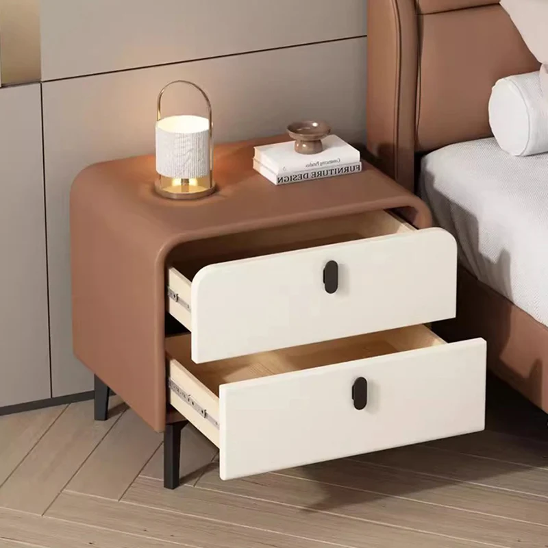 Contemporary Scandinavian Microfiber Leather Eco-Friendly Engineered Carbon Steel Rounded Square Nightstand With 2 Drawers For Bedroom