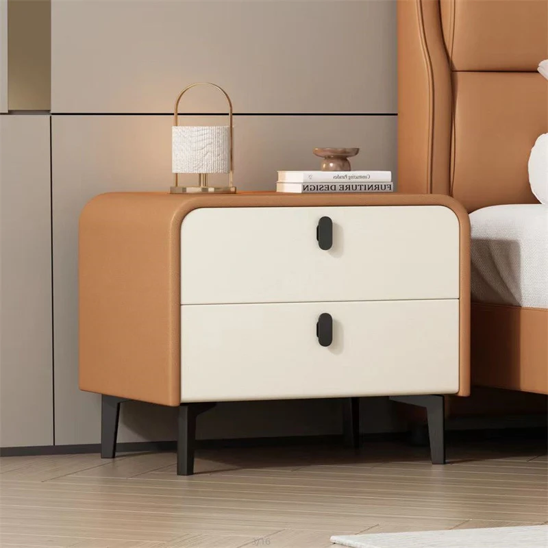 Contemporary Scandinavian Microfiber Leather Eco-Friendly Engineered Carbon Steel Rounded Square Nightstand With 2 Drawers For Bedroom