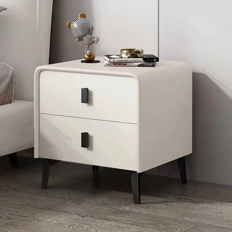 Contemporary Scandinavian Microfiber Leather Eco-Friendly Engineered Carbon Steel Rounded Square Nightstand With 2 Drawers For Bedroom