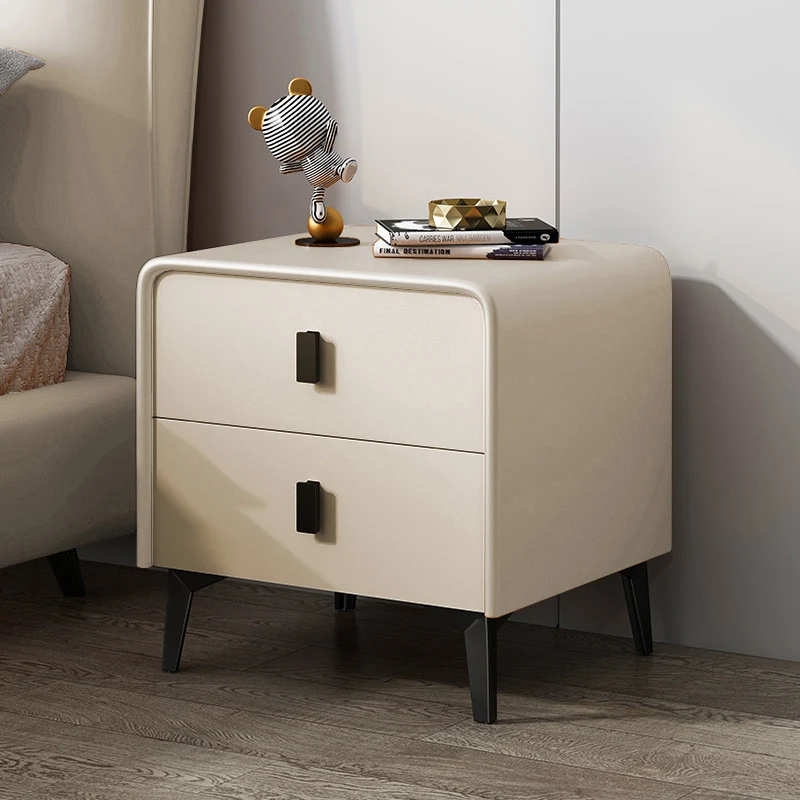 Contemporary Scandinavian Microfiber Leather Eco-Friendly Engineered Carbon Steel Rounded Square Nightstand With 2 Drawers For Bedroom