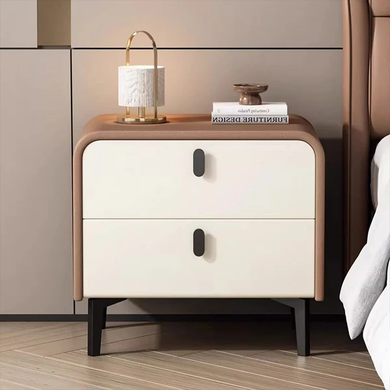 Contemporary Scandinavian Microfiber Leather Eco-Friendly Engineered Carbon Steel Rounded Square Nightstand With 2 Drawers For Bedroom