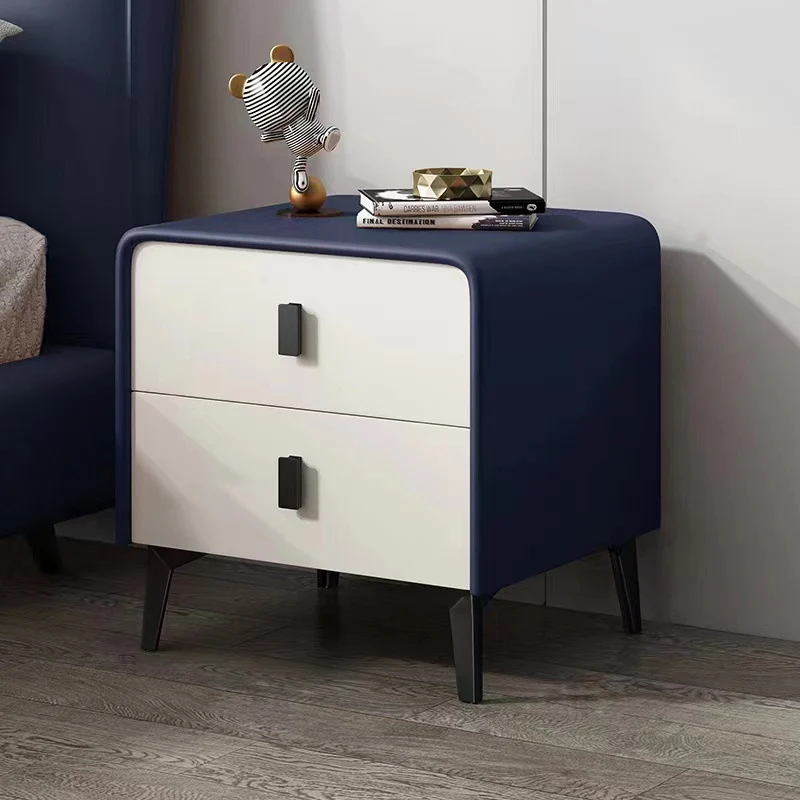 Contemporary Scandinavian Microfiber Leather Eco-Friendly Engineered Carbon Steel Rounded Square Nightstand With 2 Drawers For Bedroom