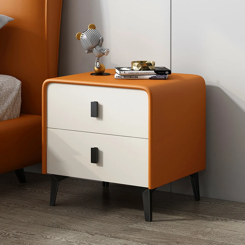 Contemporary Scandinavian Microfiber Leather Eco-Friendly Engineered Carbon Steel Rounded Square Nightstand With 2 Drawers For Bedroom