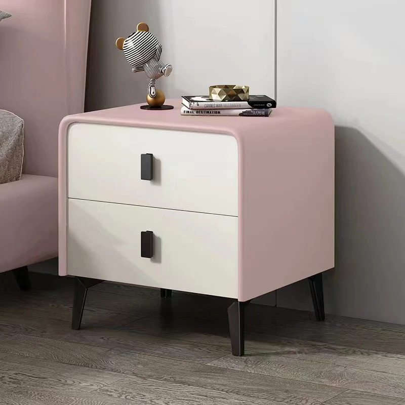 Contemporary Scandinavian Microfiber Leather Eco-Friendly Engineered Carbon Steel Rounded Square Nightstand With 2 Drawers For Bedroom