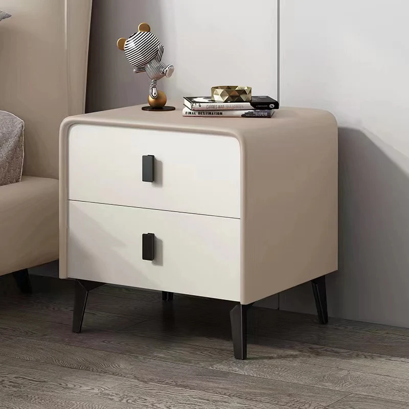 Contemporary Scandinavian Microfiber Leather Eco-Friendly Engineered Carbon Steel Rounded Square Nightstand With 2 Drawers For Bedroom
